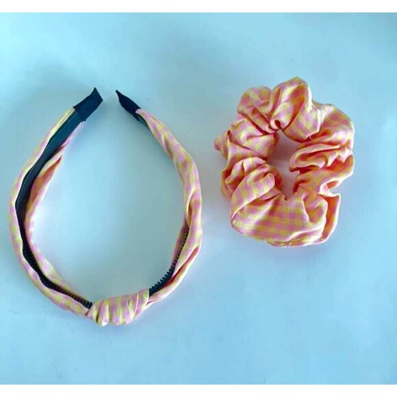 Girls Pink & Yellow Check Headband & Scrunchie Set – Stylish Hair Accessory Bund - Picture 11 of 12